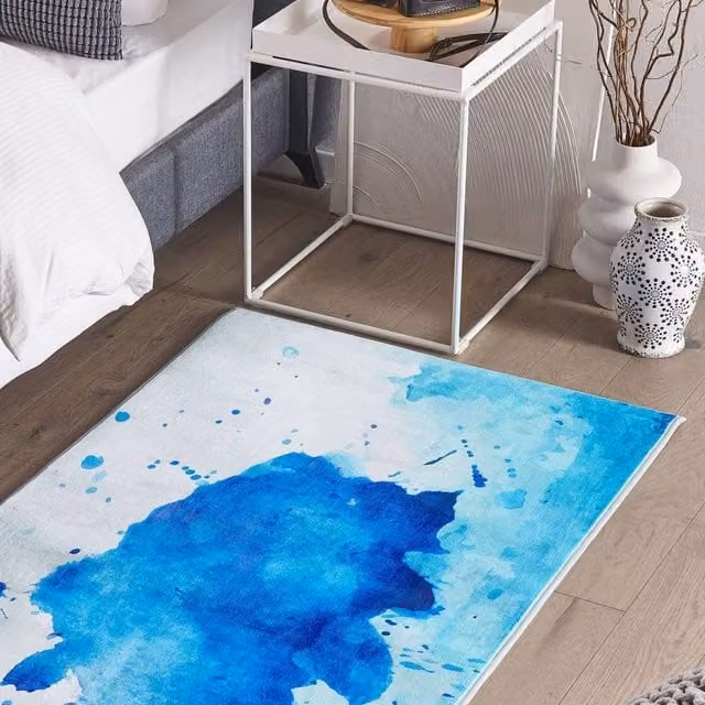 Wyld and Coco Abstract Paint-Splatter Area Rug, Multicolour Blue, W: 80 cm, L: 150 cm