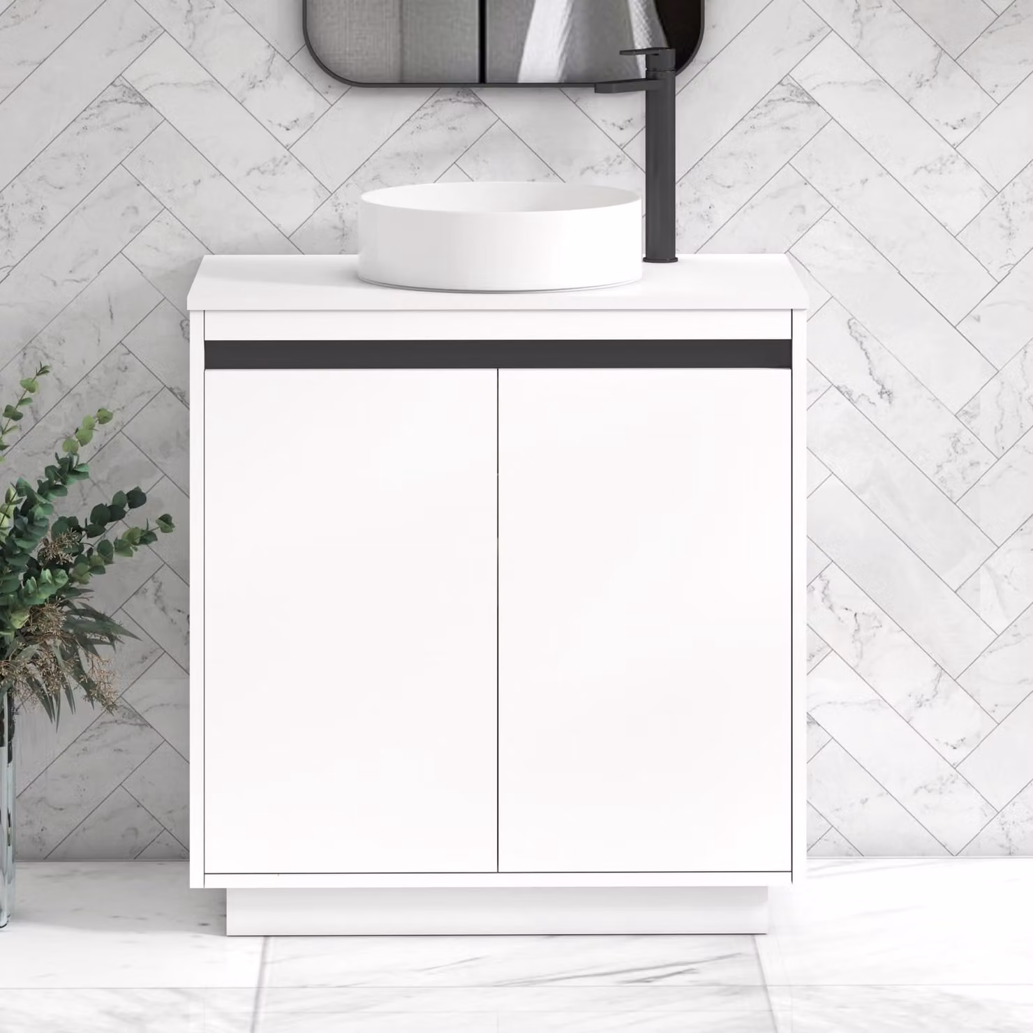 Royal Bathrooms Orion 800mm Matt White Floor Standing 2 Door Vanity Unit with Plain White Undrilled Worktop and Black Accent Trim