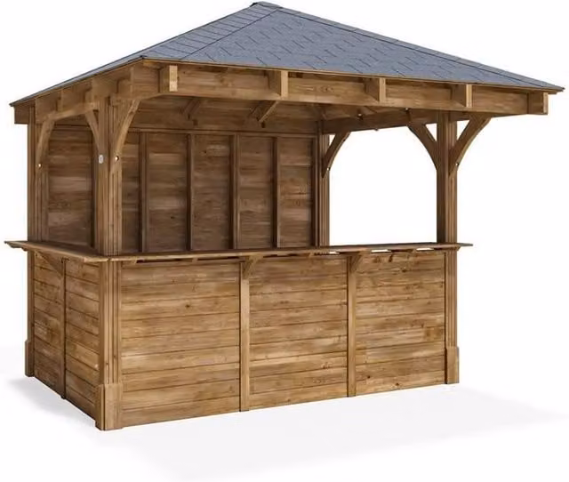 Dunster House Leviathan Wooden Garden Bar Outdoor Pub Shed in Brown with Black Bitumen Roof Shingles, W: 300 cm, D: 300 cm, H: 212 cm – 1
