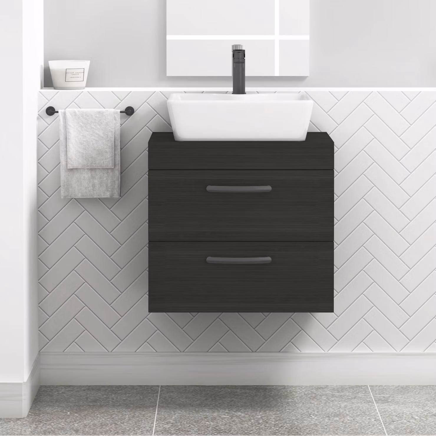 Royal Bathrooms 600mm Wall Hung Vanity Unit with 2 Drawers in Charcoal Oak and Cube Countertop Basin with Matt Black Handles