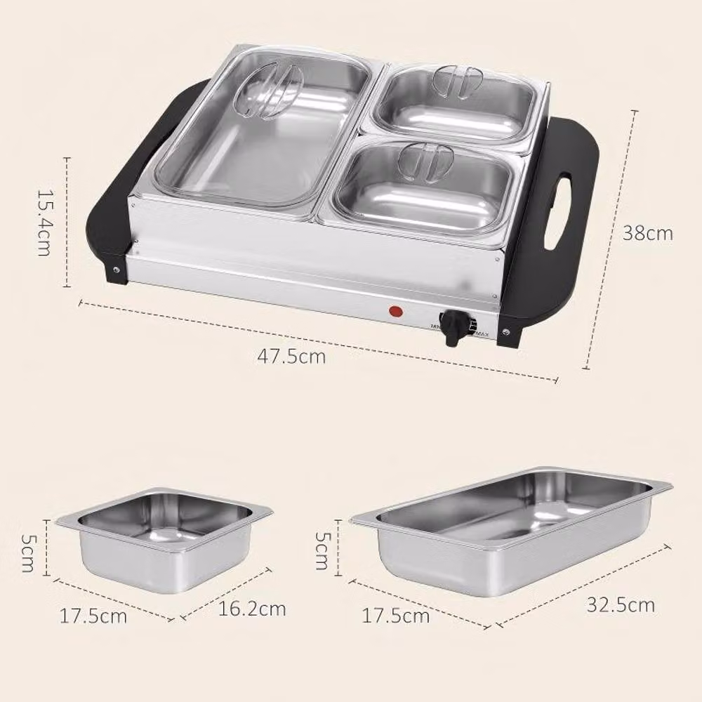 STILVORA Electric Buffet Server with 3 Trays and Warming Plate in Silver Stainless Steel – 3