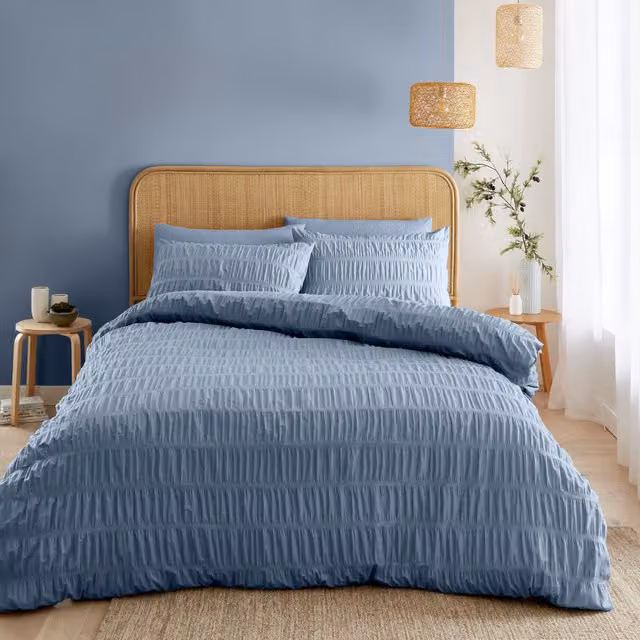 Catherine Lansfield Blue Seersucker Striped Duvet Cover Bedding Set