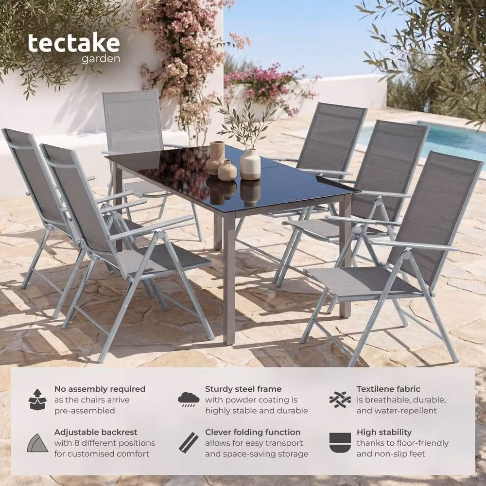 tectake Set of 4 Folding Garden Chairs with Adjustable Backrests and Armrests in Silver Mesh Fabric – 2