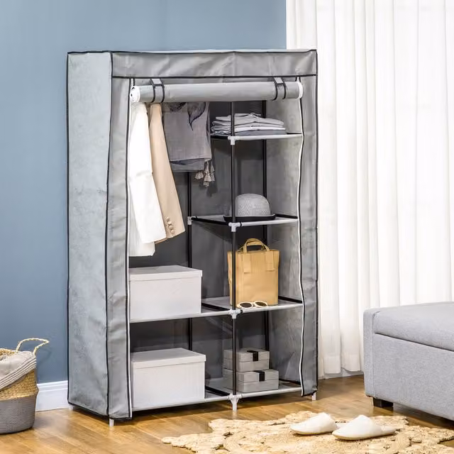 HOMCOM Modern Portable Fabric Wardrobe with Hanging Rail and Shelves, Grey, H 162.5 x W 103.0 cm – 1