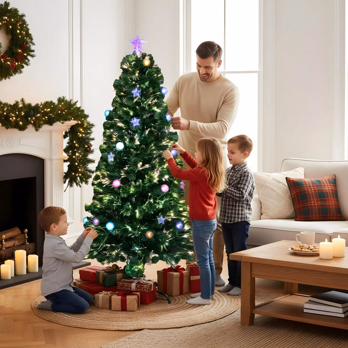 Shatchi Green Pre-Lit Fibre Optic Christmas Tree with Baubles and Stars, Height: 90 cm – 6
