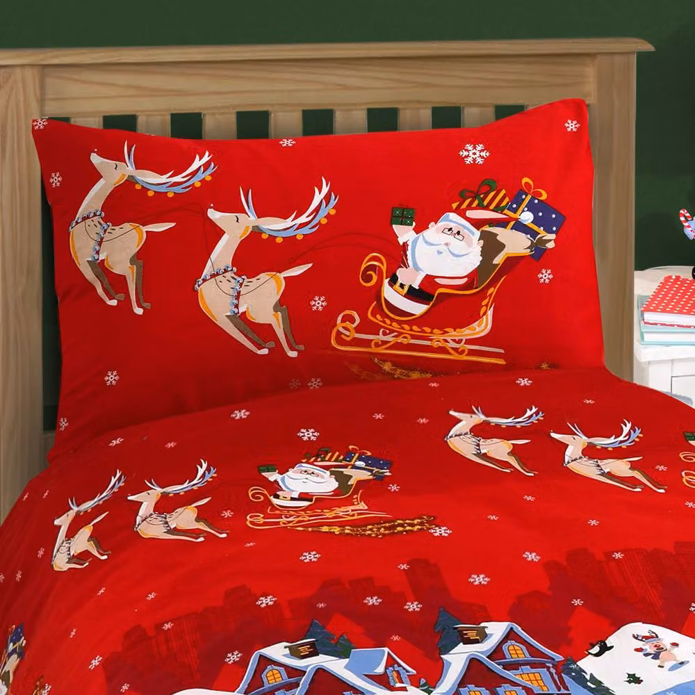 Velosso Santa & Friends Christmas Printed Cotton Rich Duvet Cover and Pillowcase Set, Red, W/D/H: 135 x 200 cm and 50 x 75 cm – 2