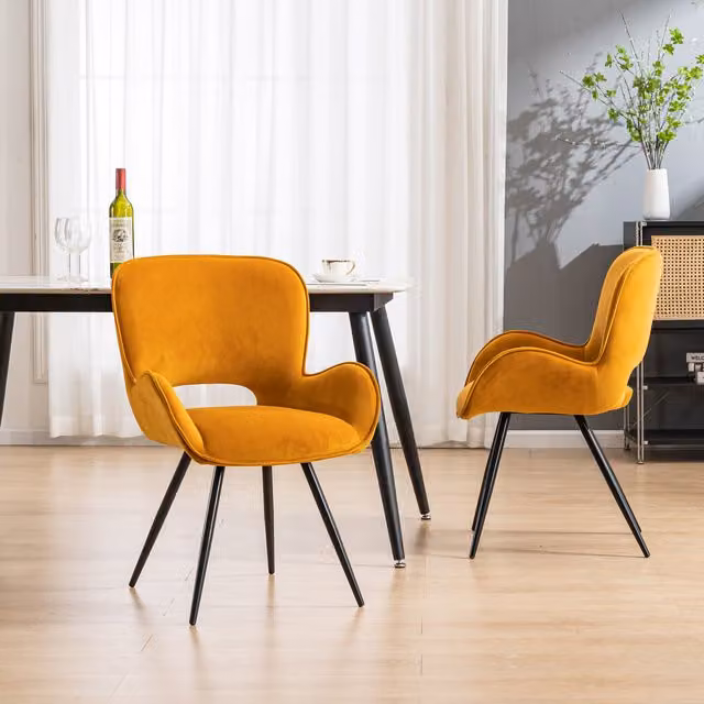 More4Homes Set of 2 Lily Modern Velvet Dining Chairs with Armrests in Yellow