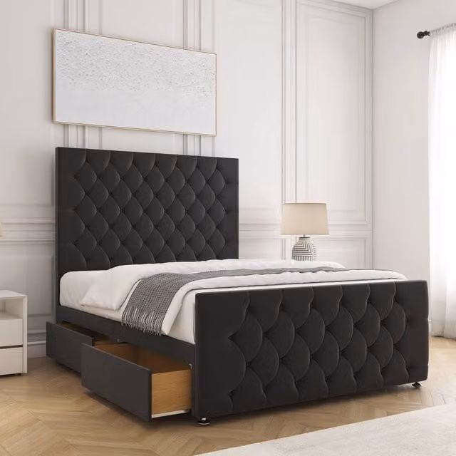 BSSPOKE Maya Double Plush Velvet Divan Bed with 54 inch Headboard and 2 Same Side Drawers in Black, W/D/H: 140 x 200 cm