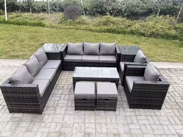 Fimous Dark Grey Rattan Garden Furniture Lounge Sofa Set with Oblong Rectangular Coffee Table