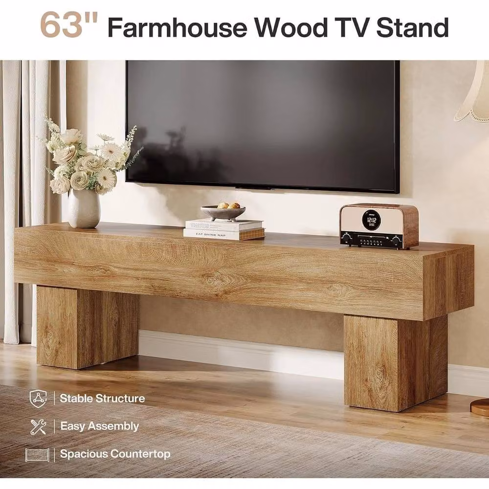 VOGREX 63-Inch Wood TV Stand Console Table in Beige – 5