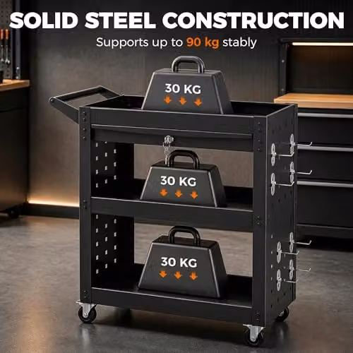 HOMCOM 3-Tier Steel Tool Cart with Pegboards, Drawer and Lockable Wheels, Black, W: 90.0 cm, D: 35.0 cm, H: 78.0 cm – 3
