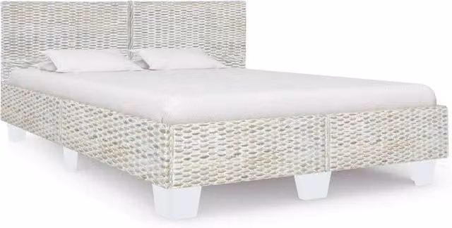 Berkfield Home Grey Natural Rattan and Mango Wood Bed Frame with Lift Up Base W: 160 cm, D: 200 cm