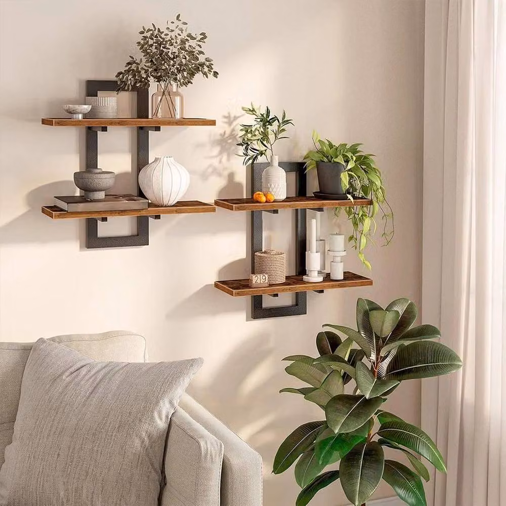 KORVIXA 2-Tier Industrial Wall Mounted Geometric Storage Shelves in Brown, Width: 90 cm – 4
