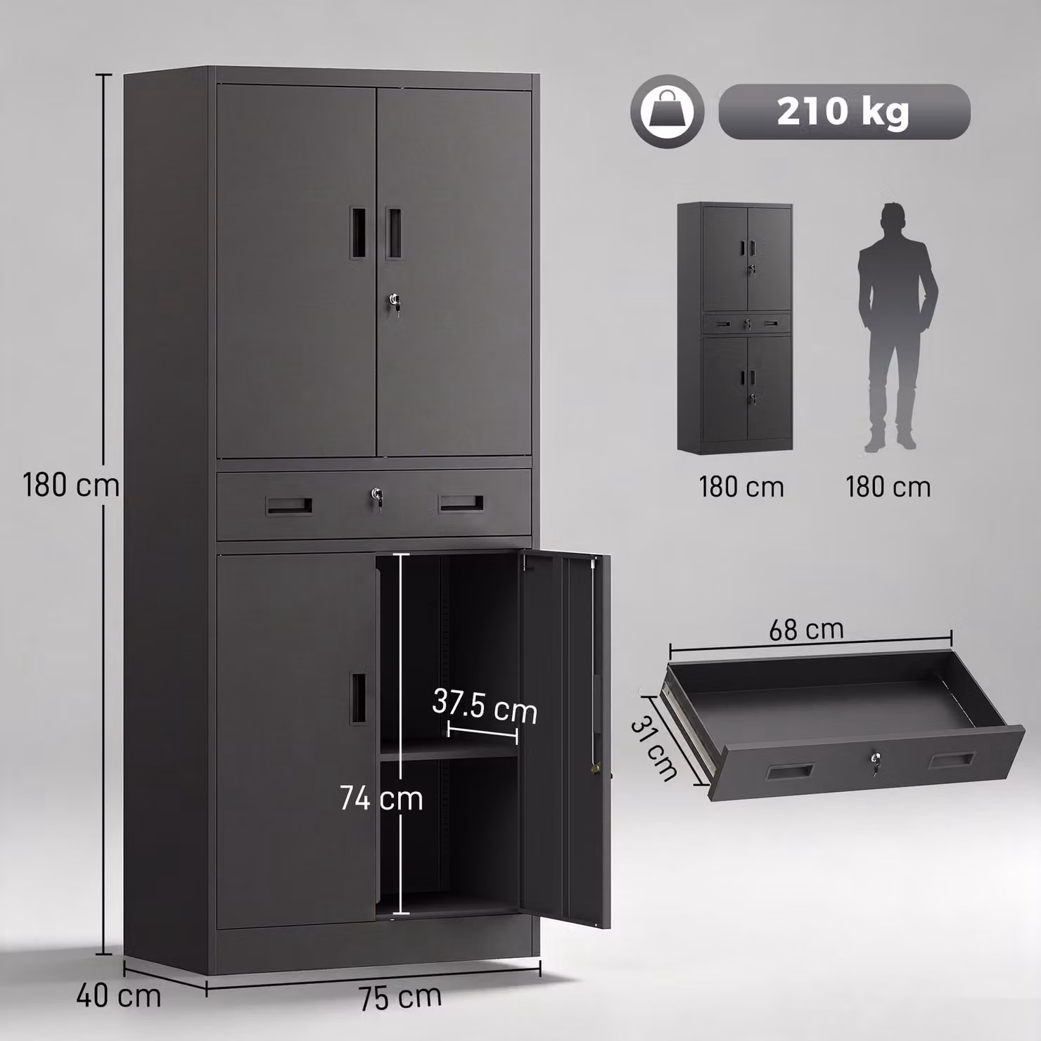 HOMCOM Black Metal Storage Cabinet with Locking Hinged Doors, Drawers and Internal Shelves, Height: 180 cm – 2
