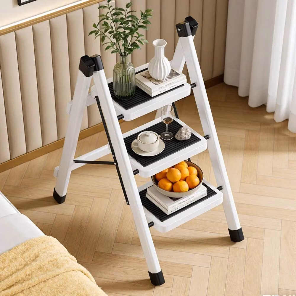FLAVORA White 3 Step Folding Steel Ladder with Rubber Feet – 4
