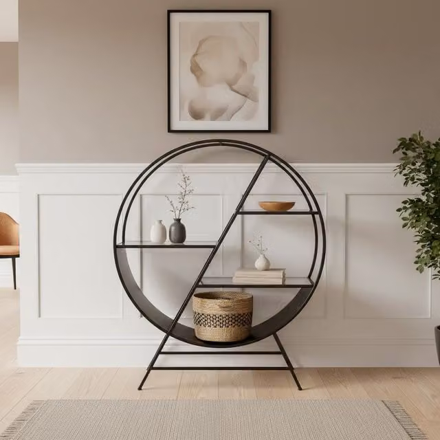 Madison & Mayfair Art Deco Style Black Metal Console Table with Staggered Glass Shelves