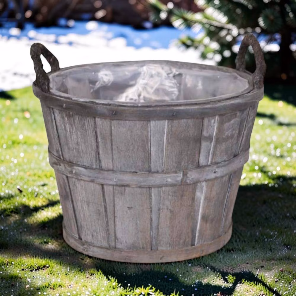 Four Candle Rustic Wooden Barrel Plant Pot with Handles, Grey, Diameter: 26 cm – 2