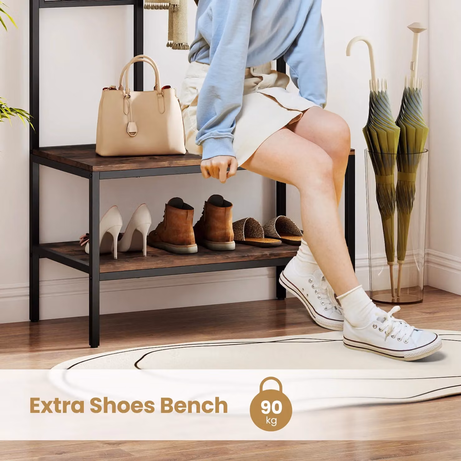 Gymax Industrial Hall Tree with Shoe Bench and Wall Grid Panel in Brown – 5