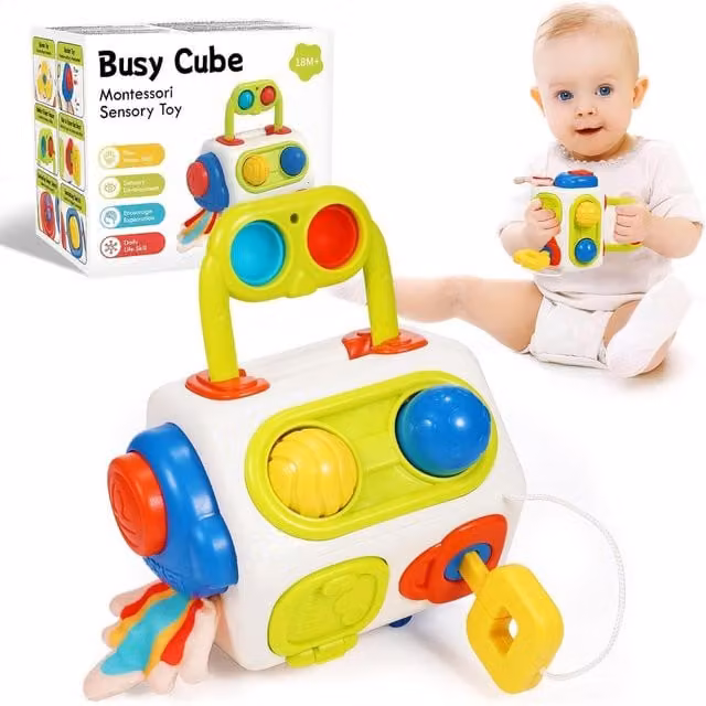 Dyzi Multicolour Montessori Busy Cube Travel Edition BPA-Free Motor and Cognitive Activity Toy