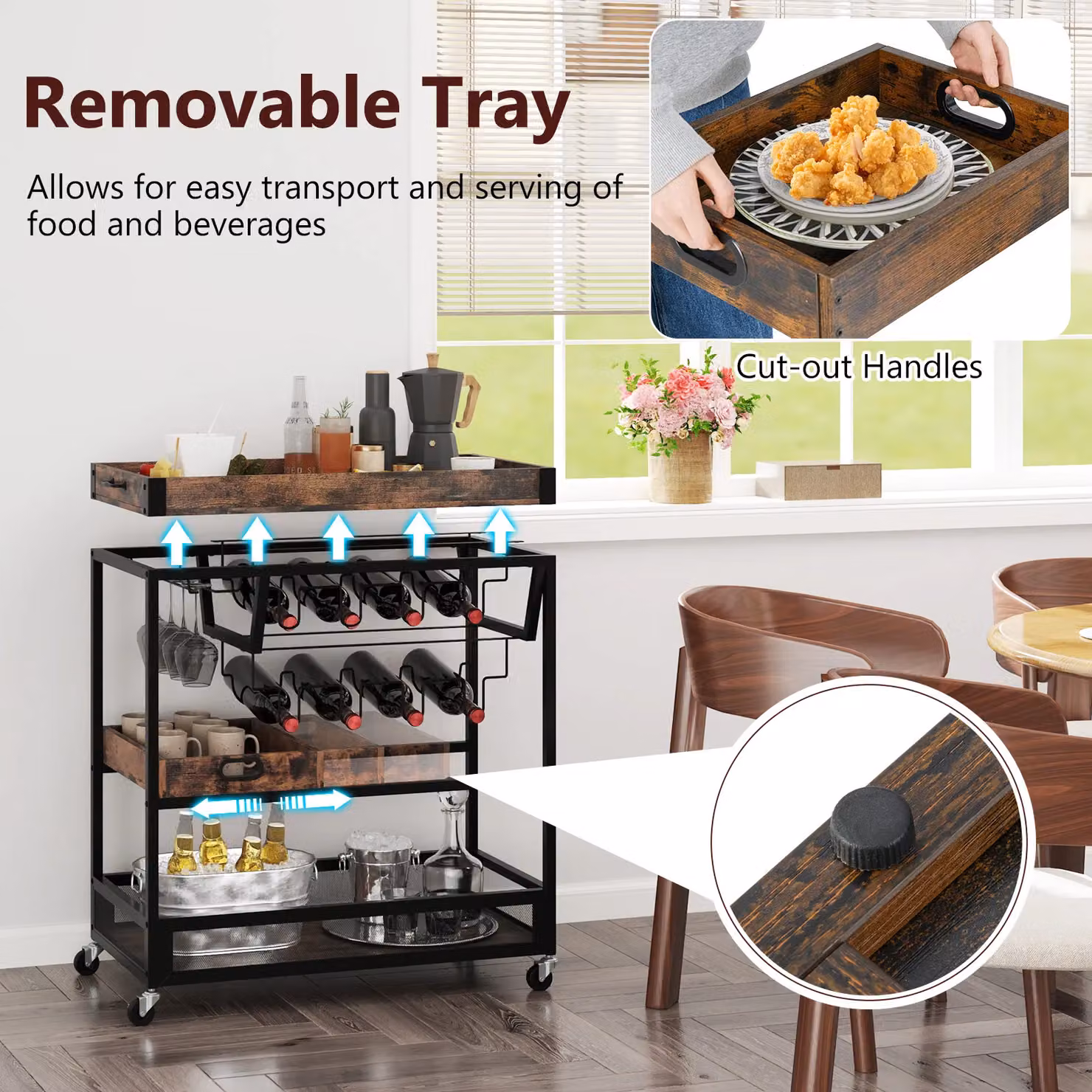 Costway 3-Tier Kitchen Serving Cart Storage Trolley with Removable Tray in Brown – 3