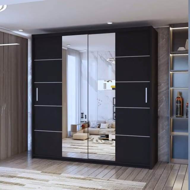 Sliding Wardrobes 4U Eden Double Mirror Sliding Door Wardrobe in Black, W/H: 203 x 217 cm – 1