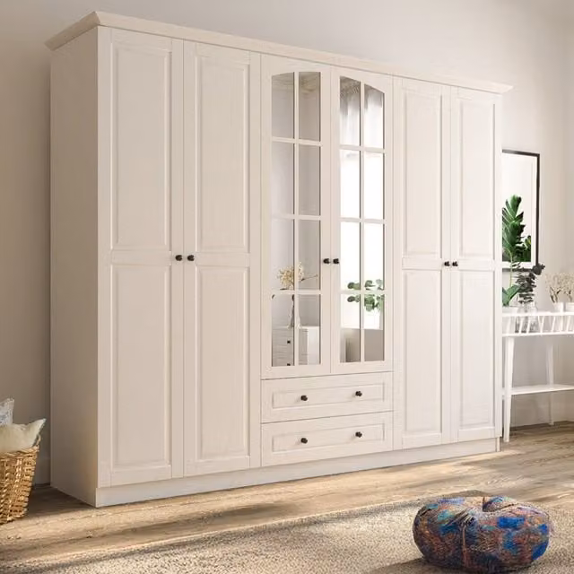 EVUHOME Modern 6 Door 2 Drawer Mirrored Wardrobe in White and Black, H 210 cm x W 178.4 cm x D 52 cm