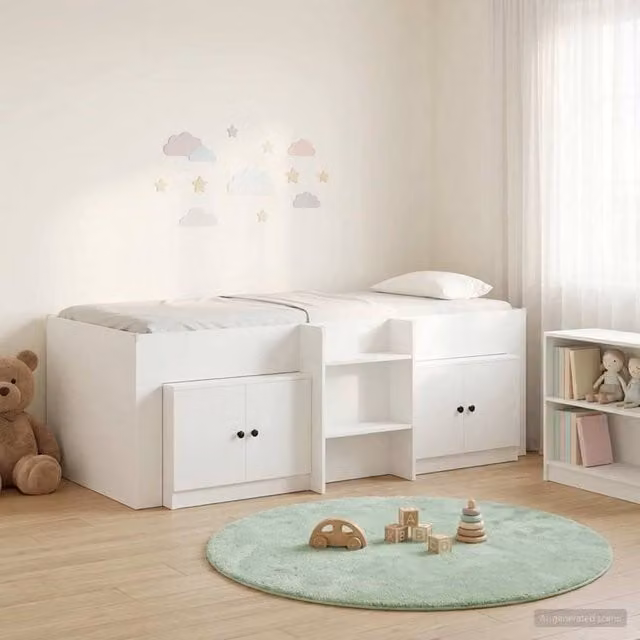 Berkfield Home Loft Bed Frame with Cabinet in White Engineered Wood, 3-Piece Set