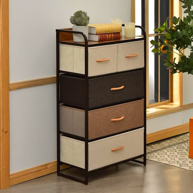 Costway Modern Brown Drawer Dresser and Vertical Storage Tower Organizer Unit