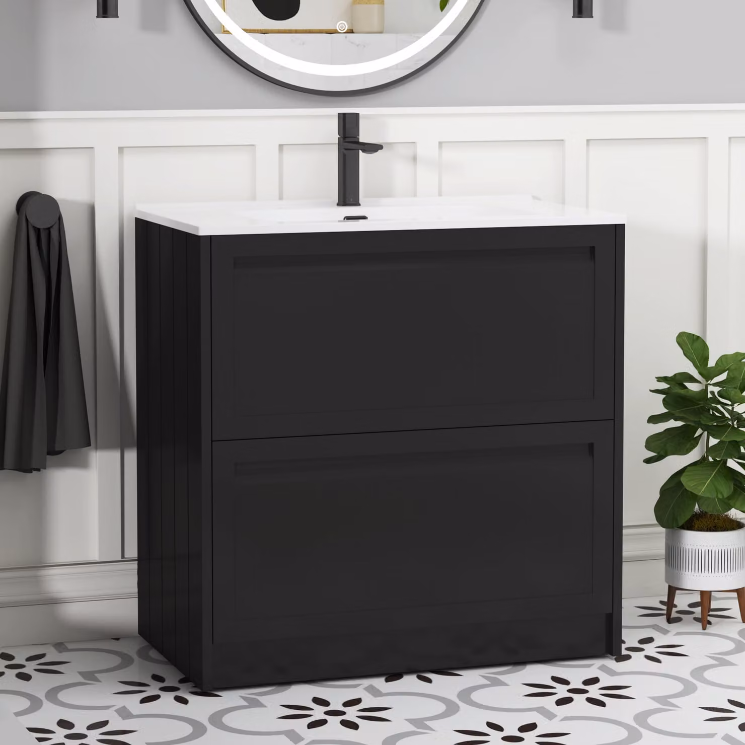 Royal Bathrooms Elmore Traditional Floor Standing 2 Drawer Vanity Unit with Ceramic Basin, Matt Nocturne Black