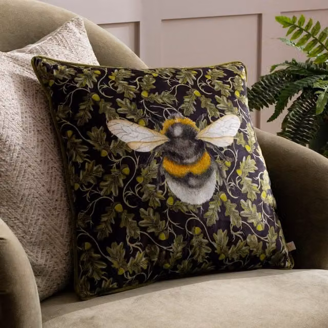 Wylder Nature Braywick Orville Bee Multicolour Velvet Piped Square Cushion, W x D: 43 x 43 cm – 1
