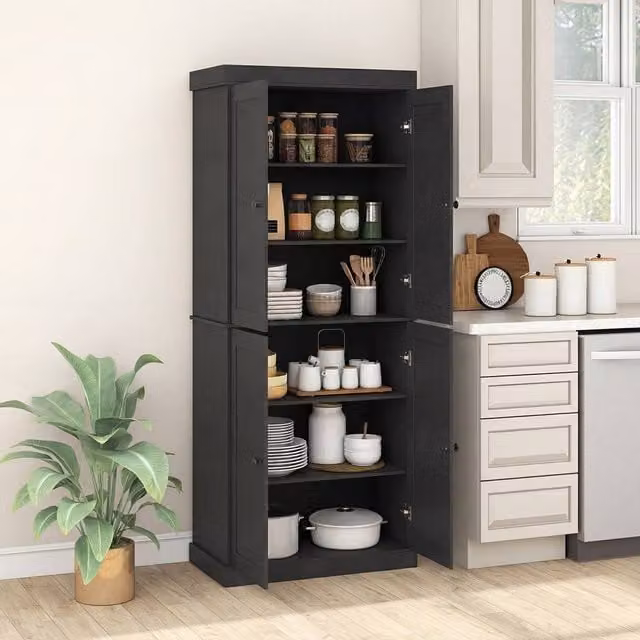 Gymax 4-Door Tall Kitchen Pantry Cabinet, Black Freestanding Storage Unit, Height: 185 cm
