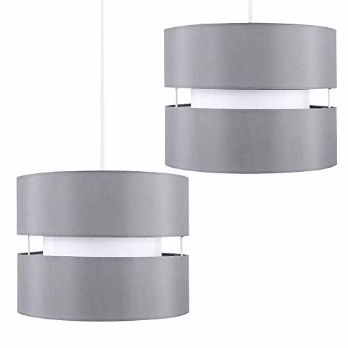 ValueLights Sophia Set of 2 Modern Cylinder Fabric Ceiling Light Shades in Grey and White, Shade Width: 26 cm – 1