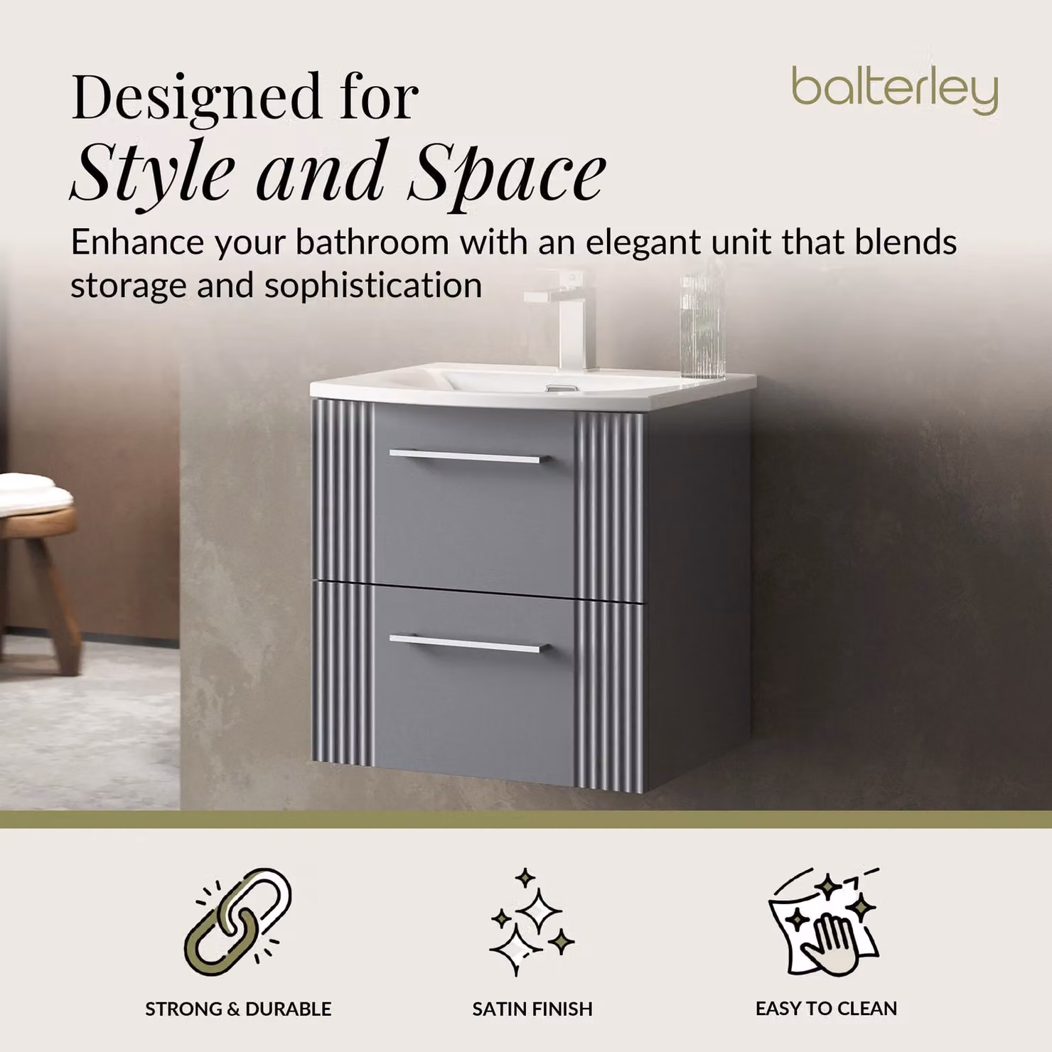 Balterley Wall Hung 2 Drawer Vanity Unit with Curved Basin, Satin Grey, Width: 50 cm – 2