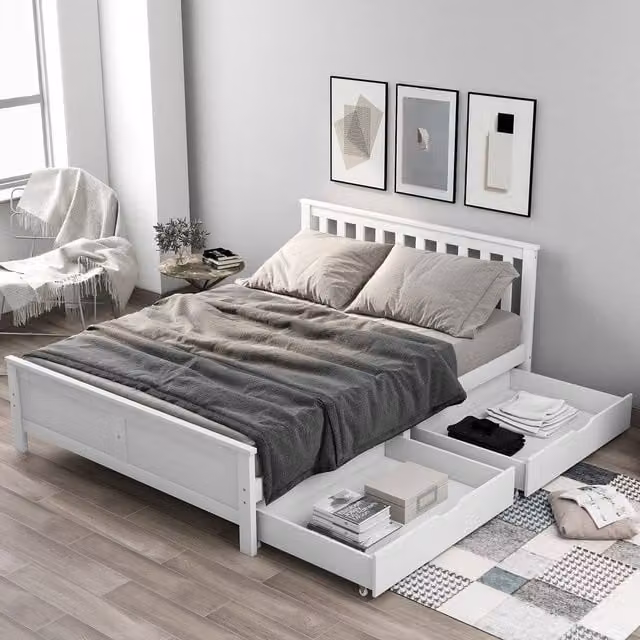 Merax White Pine Double Storage Bed Frame with Drawers W/D/H: 135 x 190 x 140 cm – 1