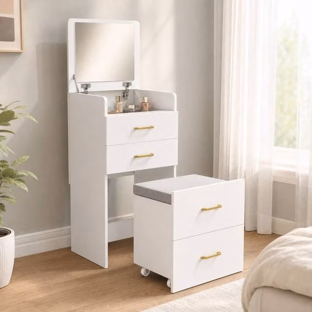 STILVORA Modern White Dressing Table with Glass Top and Stool – 1