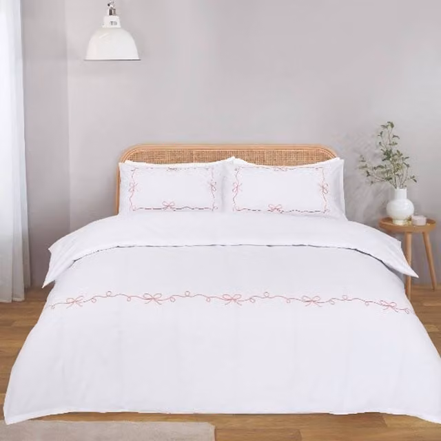 Rapport Home Embroidered Bows Polycotton Duvet Cover and Pillowcase Set in White and Multicolour, W/H: 200 x 220 cm, Pillowcase: 50 x 75 cm