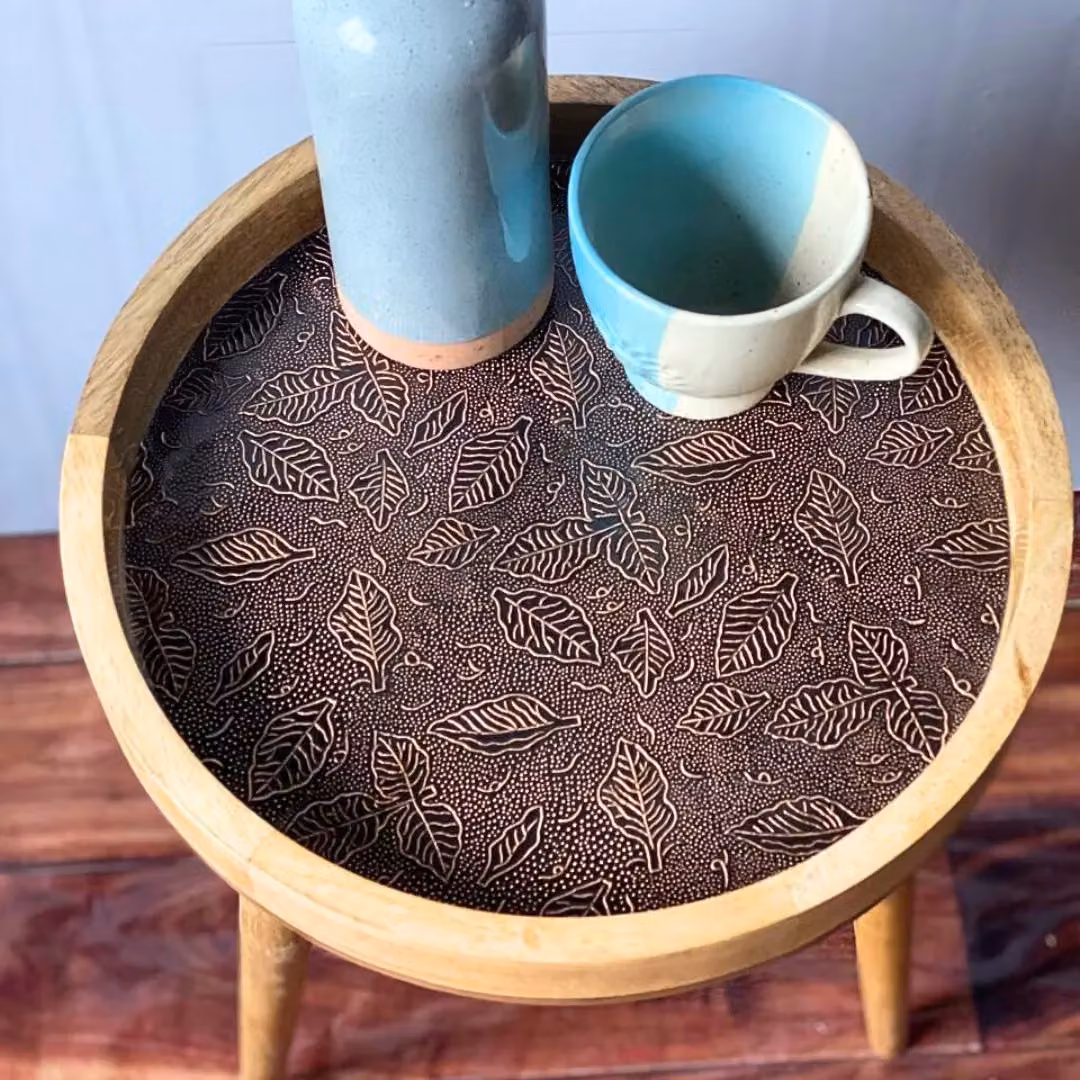 Hartsmede Mango Wood Round Side Table with Bronze Embossed Metal Top and Detachable Legs – 2