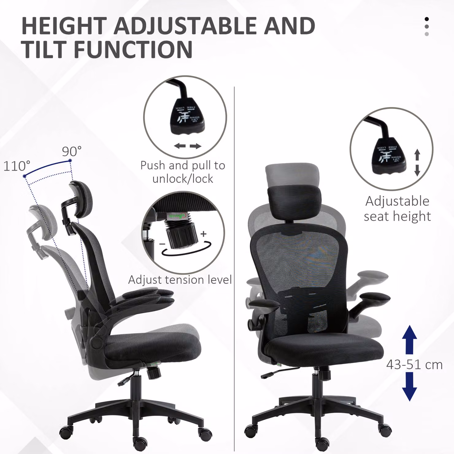 Vinsetto Multi-Adjustable Modern Task Office Chair in Black Fabric with Headrest and Armrests, W/D/H: 120 x 47 x 9.5 cm – 4