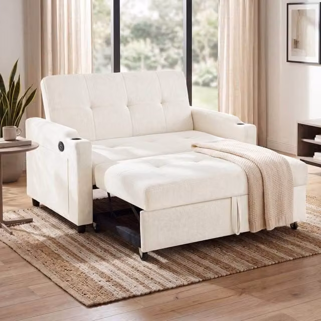 BTM 2 Seater Pull Out Sofa Bed with Cup Holders in Off-White – 1