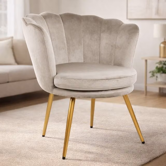 Genesis Flora Velvet Accent Tub Chair with Petal Back and Gold Metal Legs in Beige