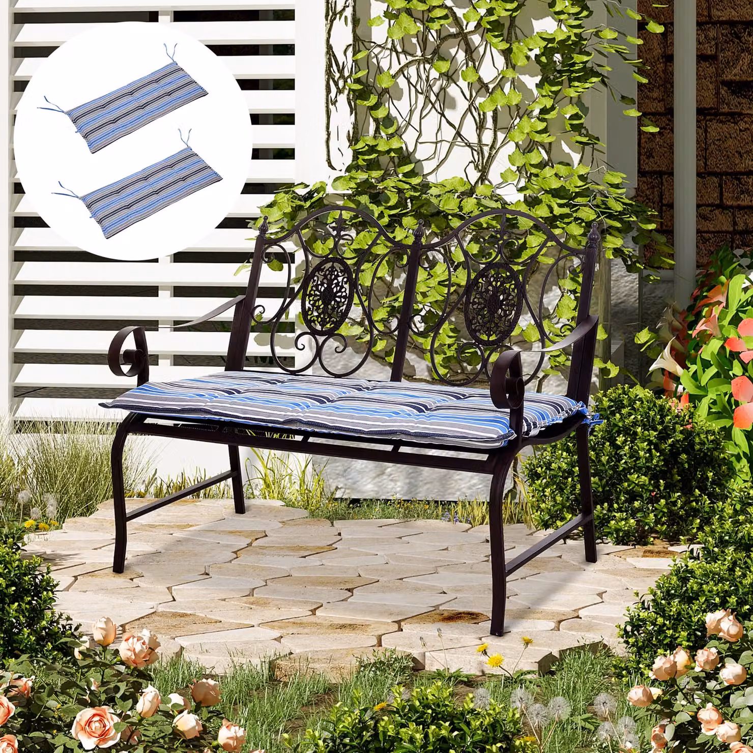 Outsunny Blue Maritime Striped Replacement Cushion for 2-3 Seater Outdoor Bench Swing Chair, W: 120 cm, D: 50 cm, H: 5 cm – 2