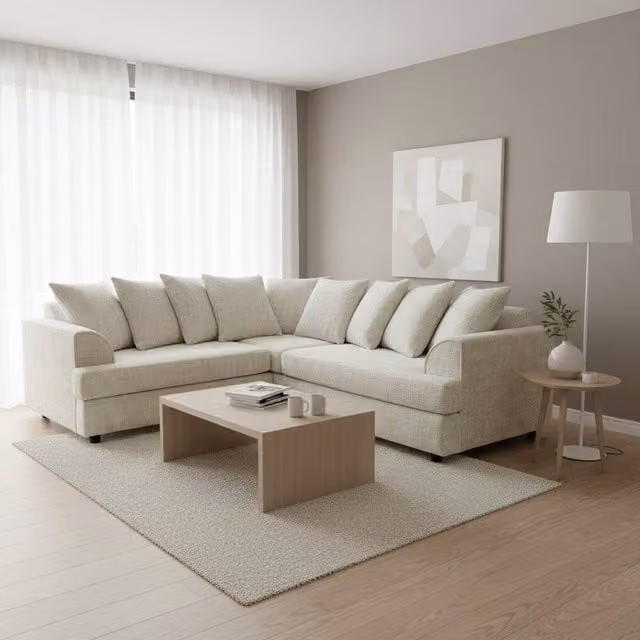 Abakus Direct Ferguson L-Shape Corner Sofa in Beige with Solid Wood Frame and Scatter Cushions