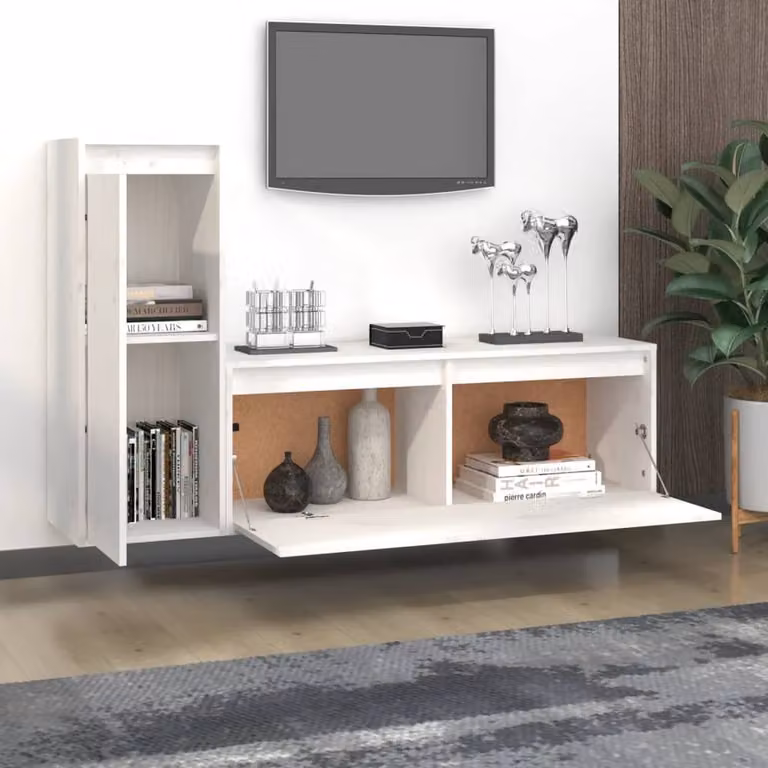 Berkfield Home Set of 2 White Solid Pine Wall Mounted TV Cabinets with Hinged Doors and Internal Shelves
