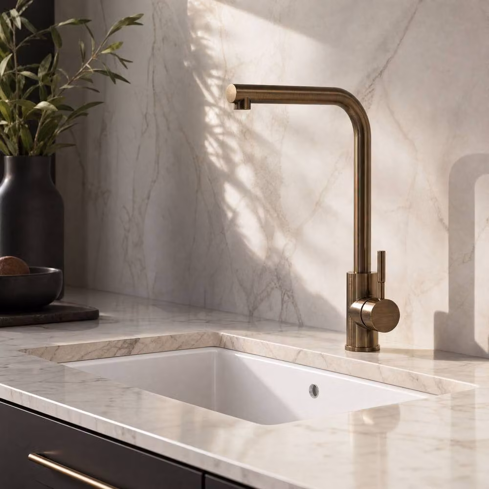 Balterley L-Neck Kitchen Sink Mixer Tap in Brushed Antique Brass and Brown – 3