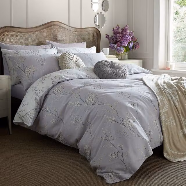 Laura Ashley Pussy Willow Floral Cotton Mako Satin Duvet Cover and Pillowcase Set in Purple