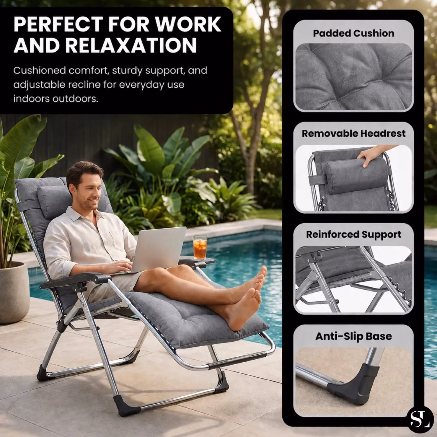 Smart Living Zero Gravity Reclining Chair with Cushion and Pillow in Grey – 7