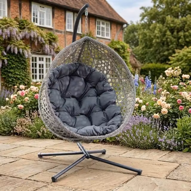 Rosewood & Stone Home Lanhydrock Single Egg Chair in Dark Grey with Rattan and Metal Frame