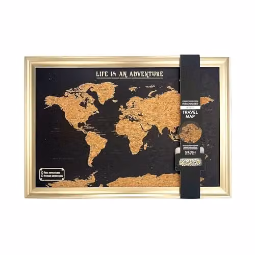 Splosh Framed World Travel Map with Pins, Black Cork Pin Board with Gold Frame, W: 55 cm, H: 37 cm