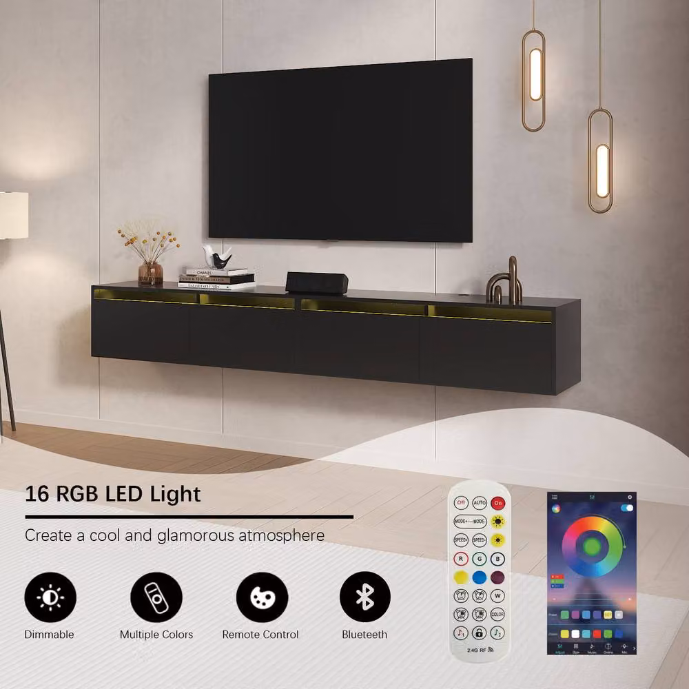 KEEPREAPER Sleek Wall Mounted Floating TV Stand with Integrated LED Lights and Flip-Down Cabinets in Black – 3