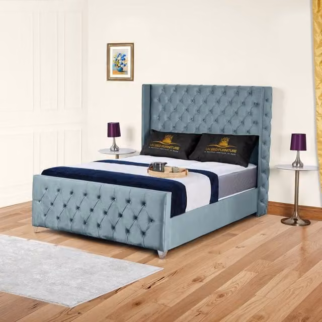 UK Bed Furniture Windsor Wingback Upholstered Velvet Bed in Blue, Size: 180 x 200 cm – 1